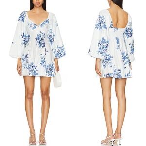 Free People Francesca Mini Dress in Tonal Blue Floral Smocked Puff Sleeve XS/S